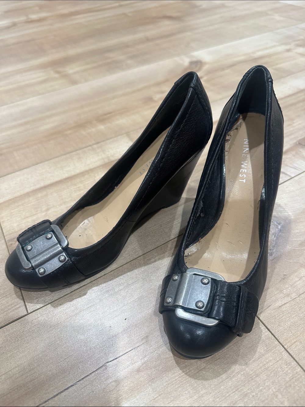 Nine West Black Leather Wedge Pumps with Silver Buckle
